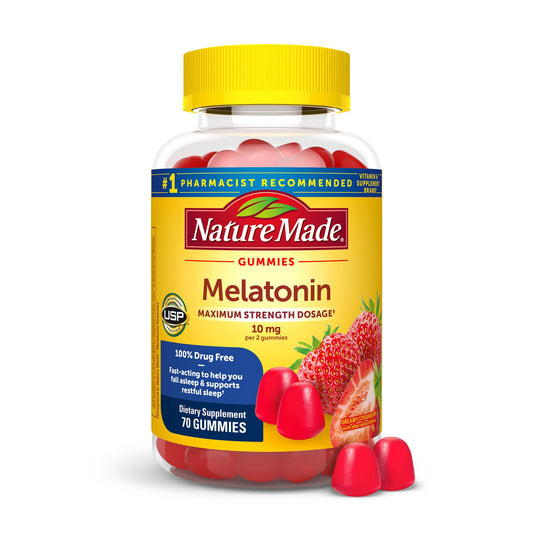 Nature Made Melatonin gummies packaging with red gummies on a white background