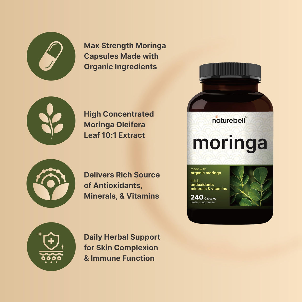 NatureBell Cápsulas de Moringa Pura 800mg | 240 cápsulas para 4 meses