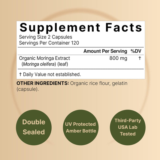 NatureBell Cápsulas de Moringa Pura 800mg | 240 cápsulas para 4 meses