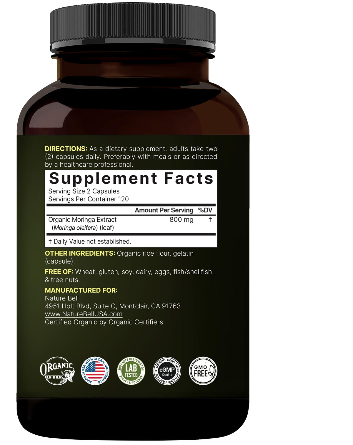 NatureBell Cápsulas de Moringa Pura 800mg | 240 cápsulas para 4 meses