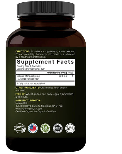NatureBell Cápsulas de Moringa Pura 800mg | 240 cápsulas para 4 meses