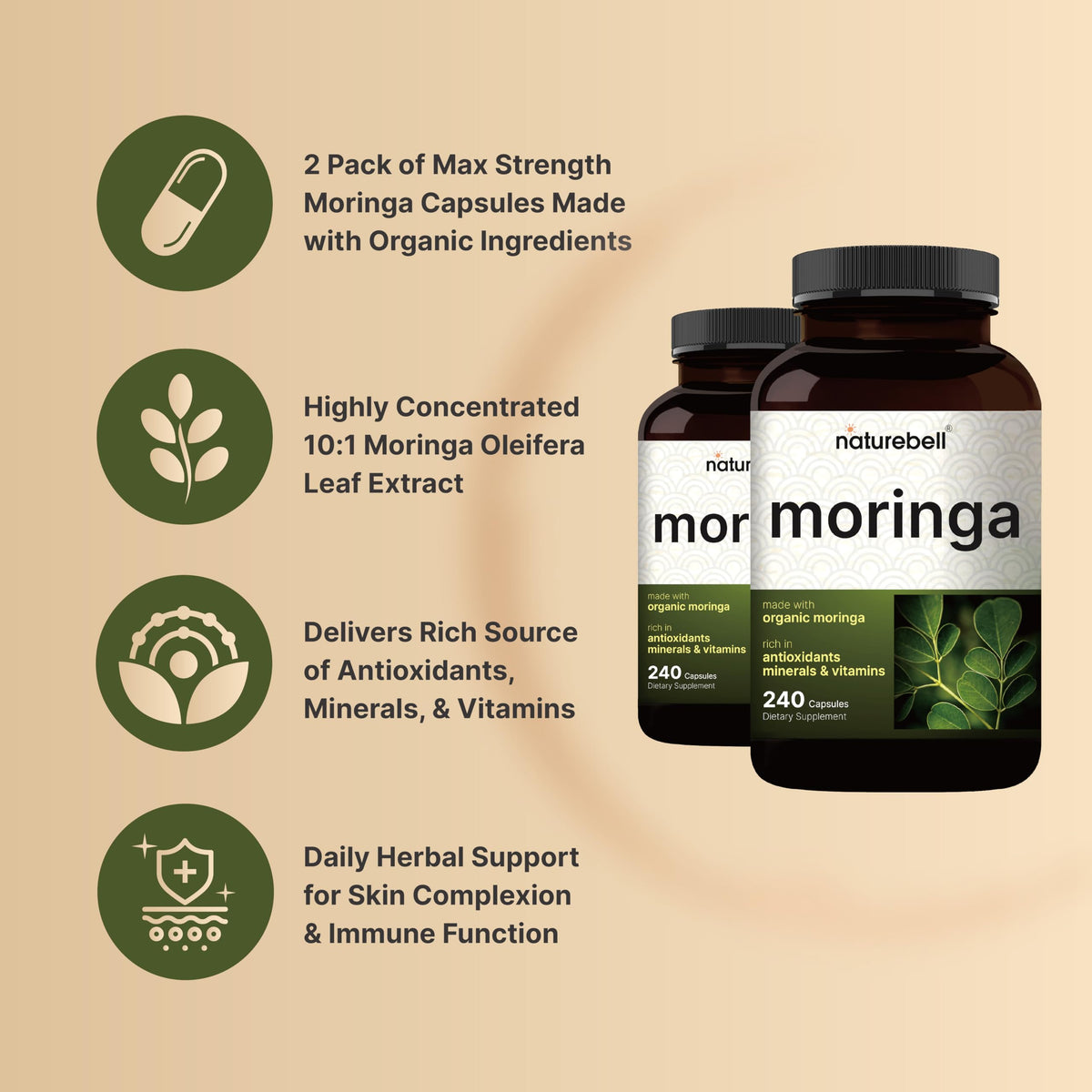 NatureBell Cápsulas de Moringa Pura 8000mg | Paquete de 2 x 480 cápsulas, suministro para 8 meses