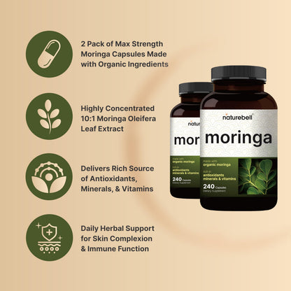 NatureBell Cápsulas de Moringa Pura 8000mg | Paquete de 2 x 480 cápsulas, suministro para 8 meses