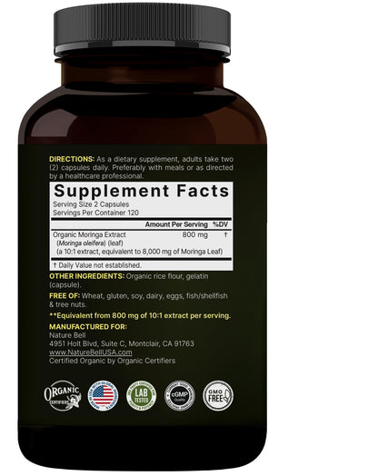 NatureBell Cápsulas de Moringa Pura 8000mg | Paquete de 2 x 480 cápsulas, suministro para 8 meses