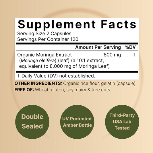 NatureBell Cápsulas de Moringa Pura 8000mg | Paquete de 2 x 480 cápsulas, suministro para 8 meses