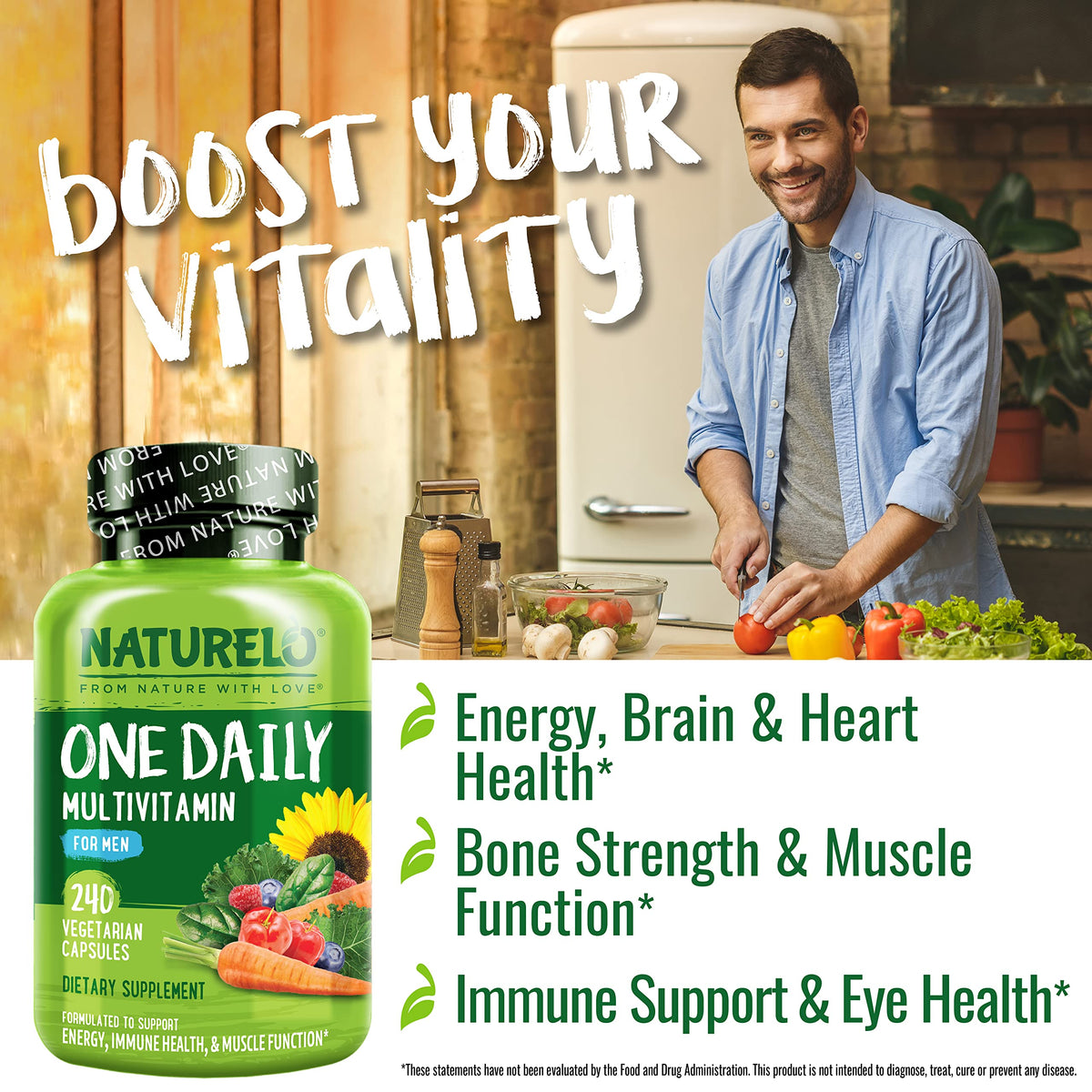 Multivitamínico para hombres NATURELO – Multivitamínico diario para hombres con alimentos integrales orgánicos y nutrientes de alta absorción | Sin OGM, 240 cápsulas vegetales