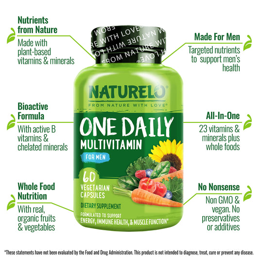 Multivitamínico para hombres NATURELO – Una cápsula diaria con vitaminas y minerales de alimentos integrales | 60 cápsulas