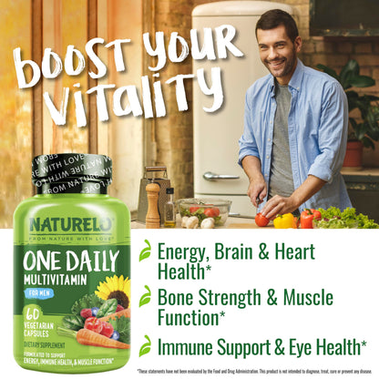 Multivitamínico para hombres NATURELO – Una cápsula diaria con vitaminas y minerales de alimentos integrales | 60 cápsulas