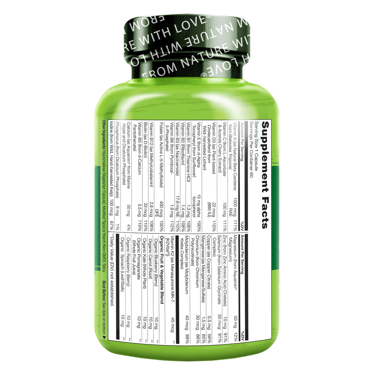Multivitamínico para hombres NATURELO – Una cápsula diaria con vitaminas y minerales de alimentos integrales | 60 cápsulas