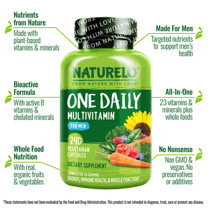 NATURELO Mens Multivitamins – One Daily Multivitamin for Men with Organic Whole Foods & High-Absorption Nutrients | Non-GMO, 240 Veggie Capsules - Calm Era