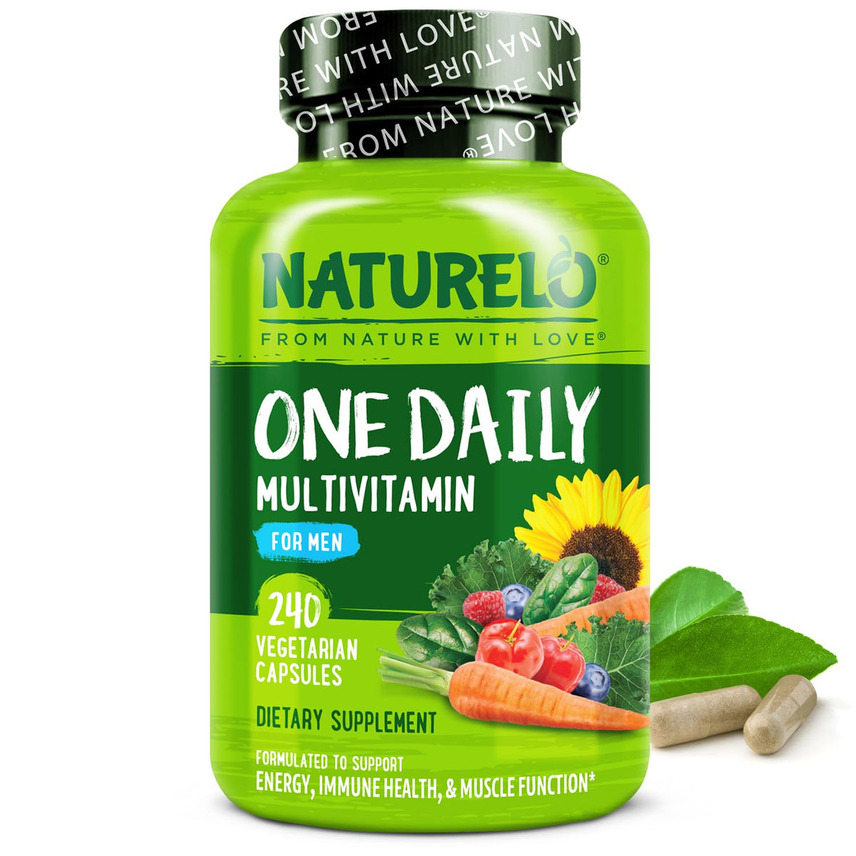 NATURELO Mens Multivitamins – One Daily Multivitamin for Men with Organic Whole Foods & High-Absorption Nutrients | Non-GMO, 240 Veggie Capsules - Calm Era