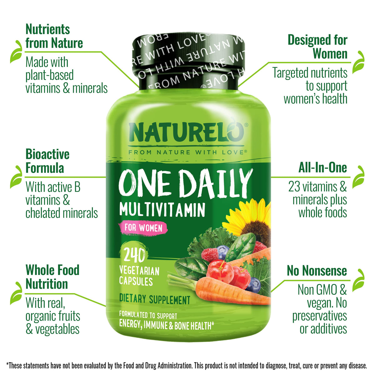 NATURELO One Daily Multivitamin for Women – 240 Ct | Vegan, Non-GMO, Gluten Free - Calm Era