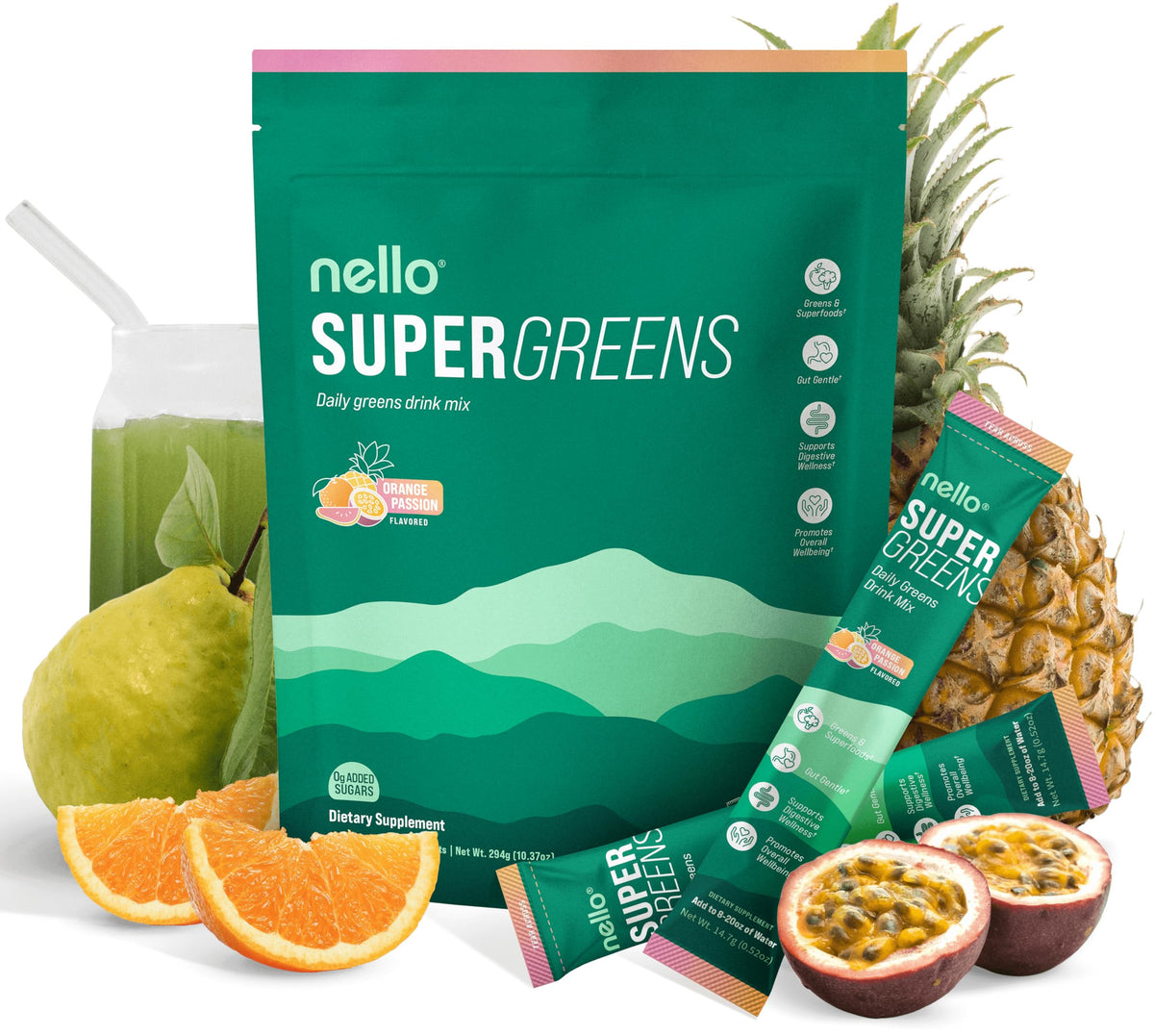 nello SuperGreens package with fruits and a pineapple on a white background