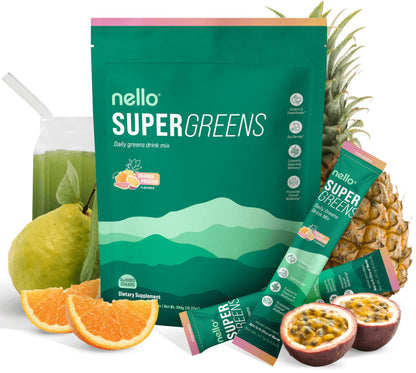 nello SuperGreens package with fruits and a pineapple on a white background