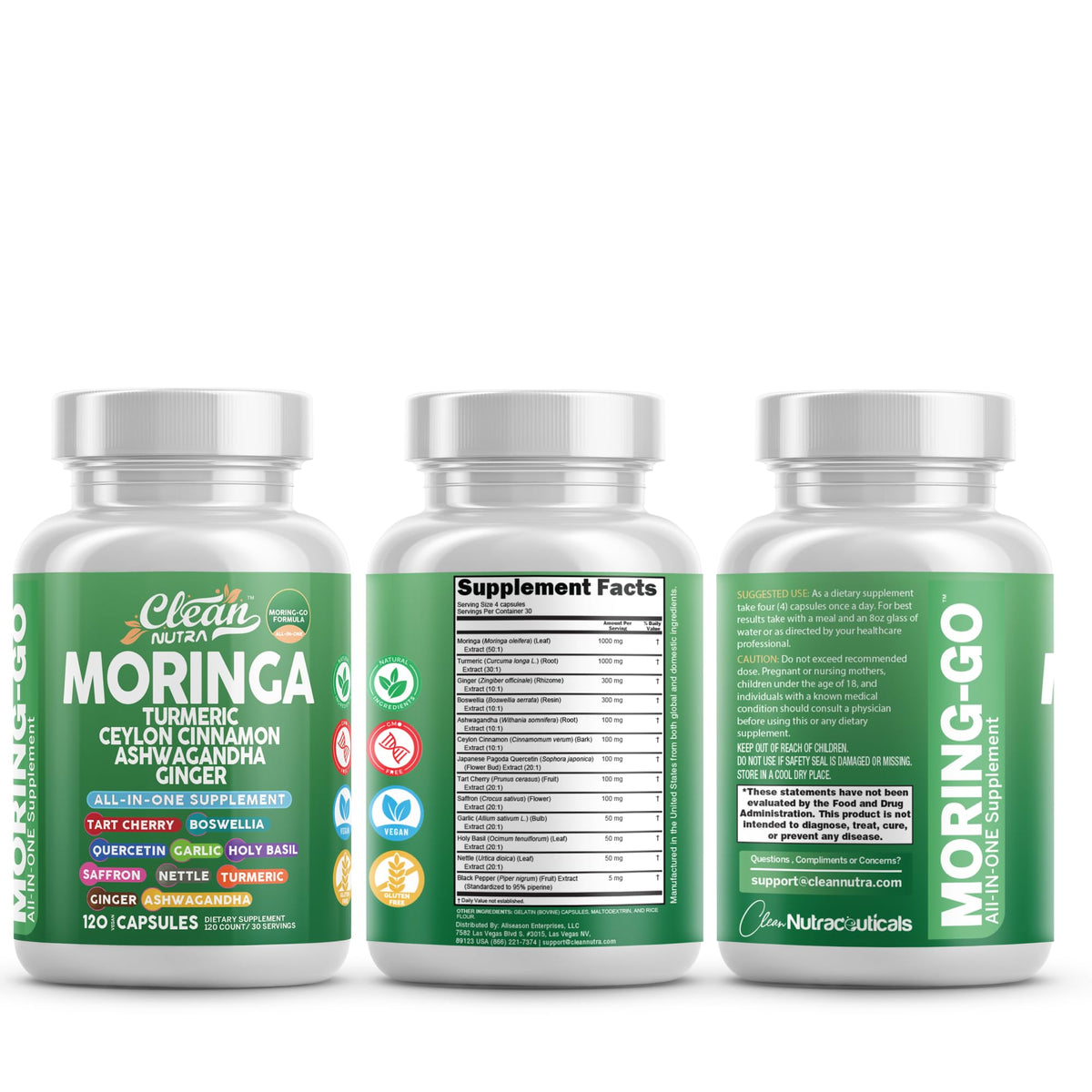Clean Nutra Moring-Go Cápsulas de Moringa y Cúrcuma 13 en 1