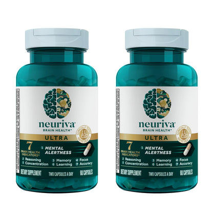NEURIVA Ultra Suplemento Cerebral para Enfoque, Memoria y Alerta — Paquete de 2, 60 Cápsulas