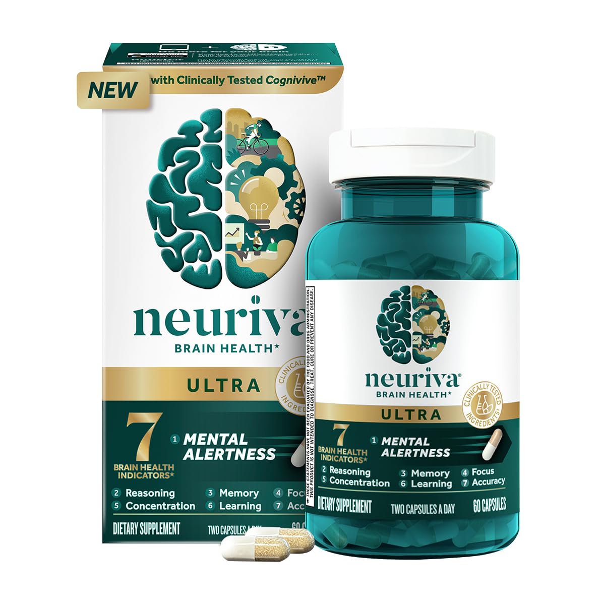 NEURIVA Ultra Suplemento Cerebral para Enfoque, Memoria y Alerta — Paquete de 2, 60 Cápsulas