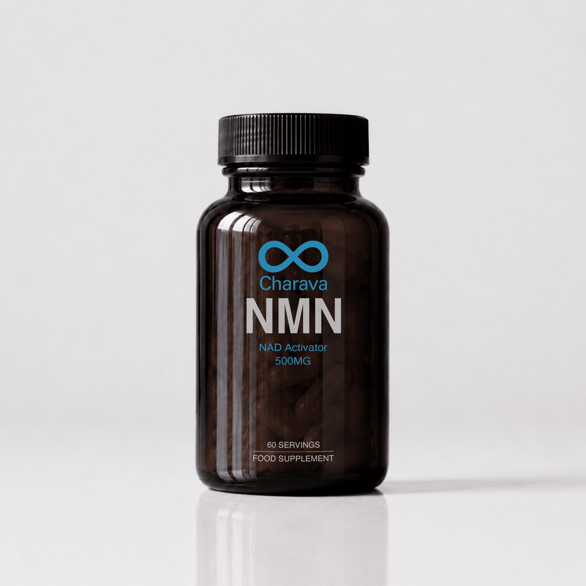 A dark amber brown bottle of Charava NMN food supplement with a black ribbed cap, set against a clean light gray background with a soft reflection below.