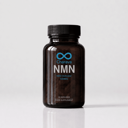 A dark amber brown bottle of Charava NMN food supplement with a black ribbed cap, set against a clean light gray background with a soft reflection below.