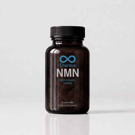 A dark amber brown bottle of Charava NMN food supplement with a black ribbed cap, set against a clean light gray background with a soft reflection below.