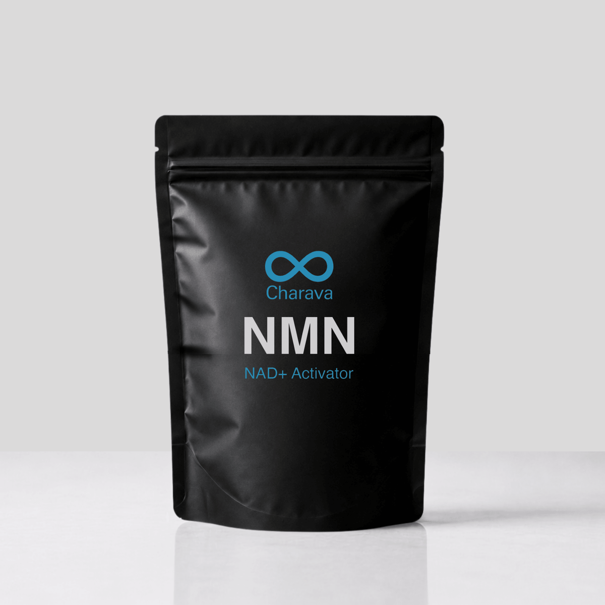 A black stand-up pouch package for Charava NMN NAD+ Activator, featuring a blue infinity symbol and white and blue text, set against a clean light gray background.
