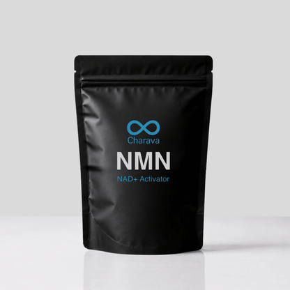 A black stand-up pouch package for Charava NMN NAD+ Activator, featuring a blue infinity symbol and white and blue text, set against a clean light gray background.