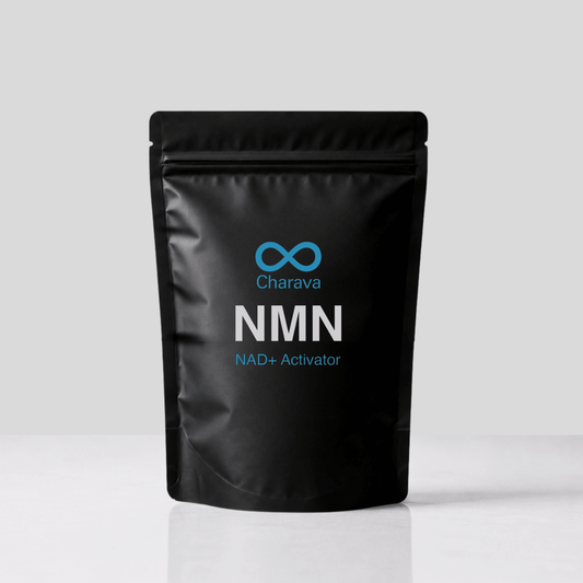 A black stand-up pouch package for Charava NMN NAD+ Activator, featuring a blue infinity symbol and white and blue text, set against a clean light gray background.