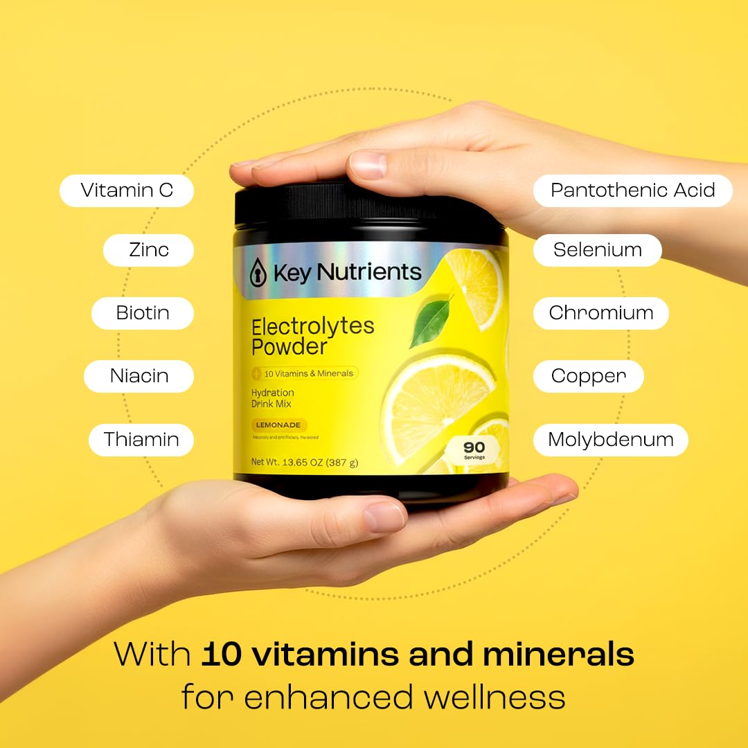 KEY NUTRIENTS Multivitamínico en polvo con electrolitos sin azúcar – Hidratación con limonada, 90 porciones, Hecho en EE. UU.