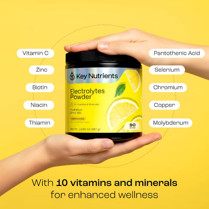 KEY NUTRIENTS Multivitamínico en polvo con electrolitos sin azúcar – Hidratación con limonada, 90 porciones, Hecho en EE. UU.
