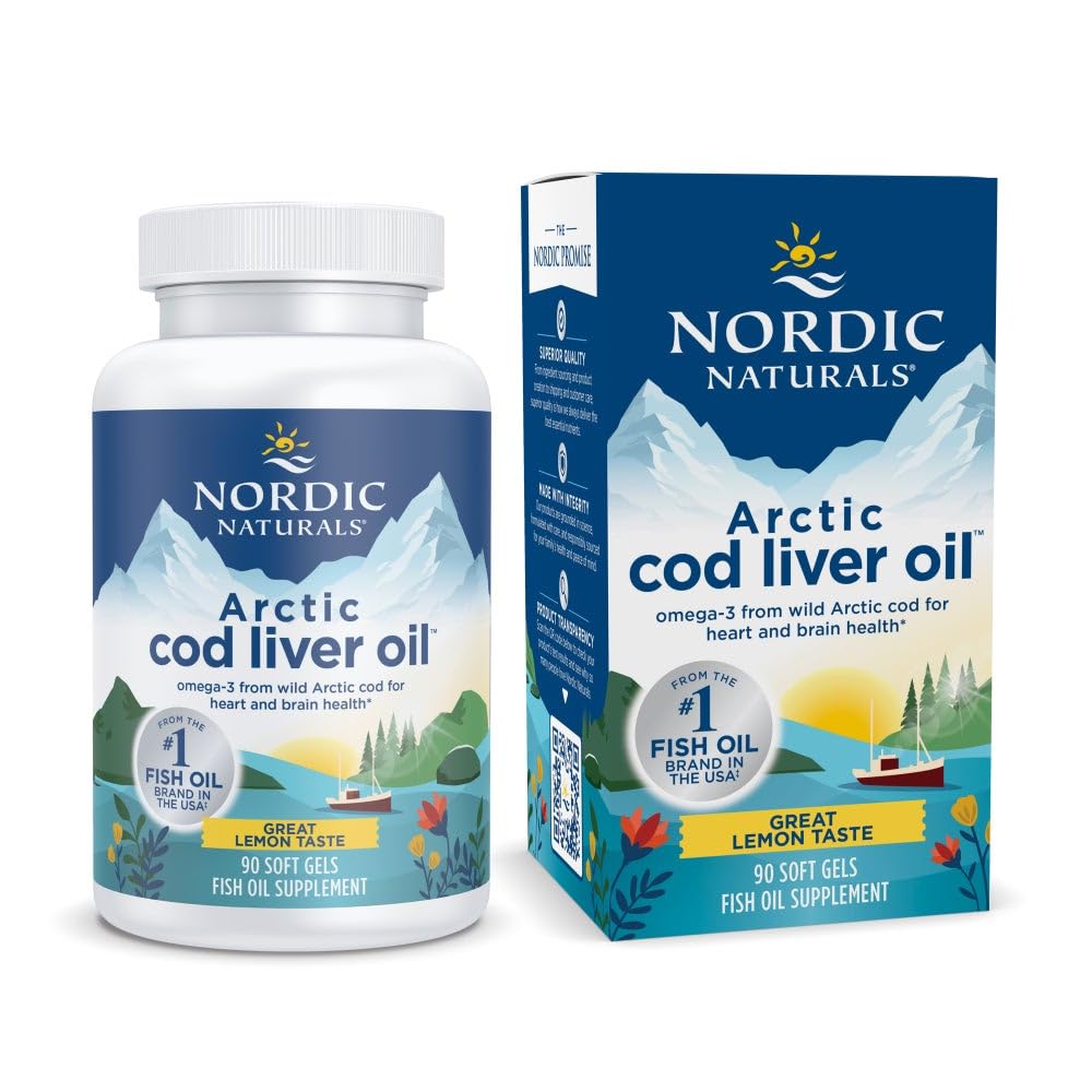 Nordic Naturals Arctic cod liver oil bottle and packaging on a white background