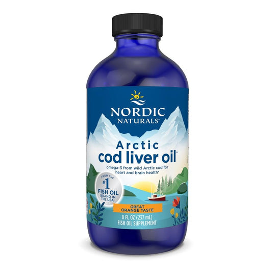 Bottle of Nordic Naturals Arctic cod liver oil on a white background