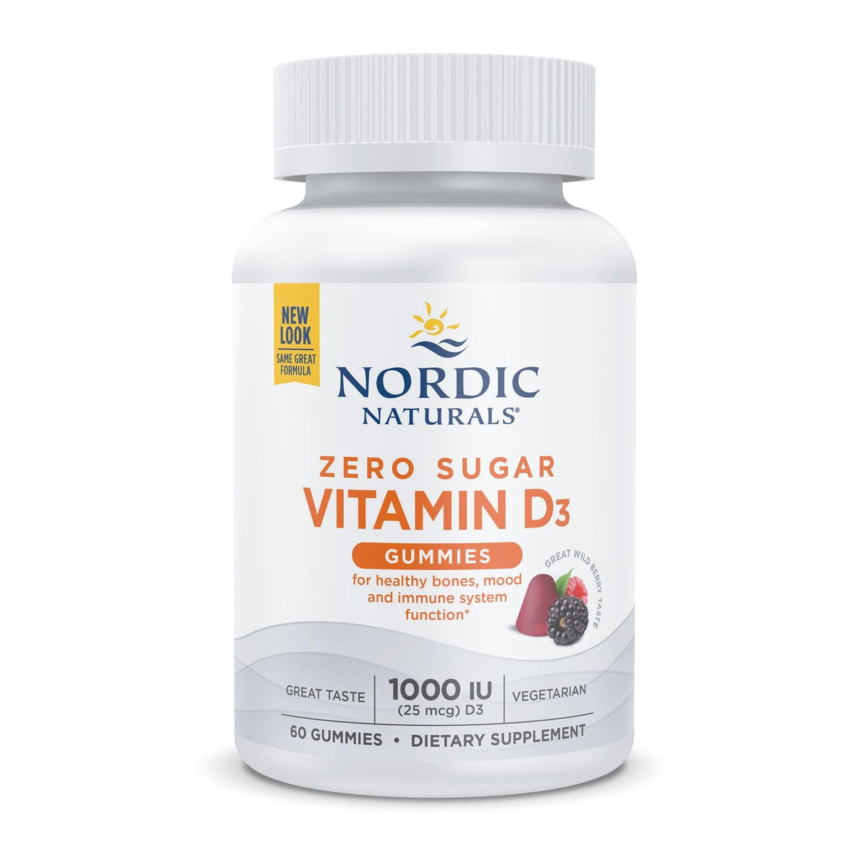 Bottle of Nordic Naturals Zero Sugar Vitamin D3 Gummies on a white background