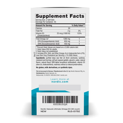 Nordic Naturals Ultimate Omega-D3 Limón | 90 cápsulas blandas, 1280 mg Omega-3 + 1000 UI D3