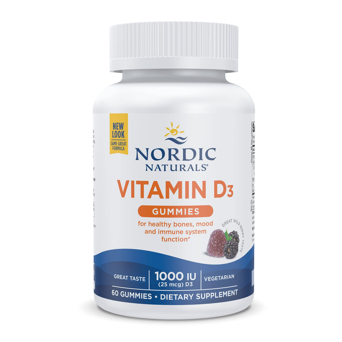 Bottle of Nordic Naturals Vitamin D3 Gummies on a white background