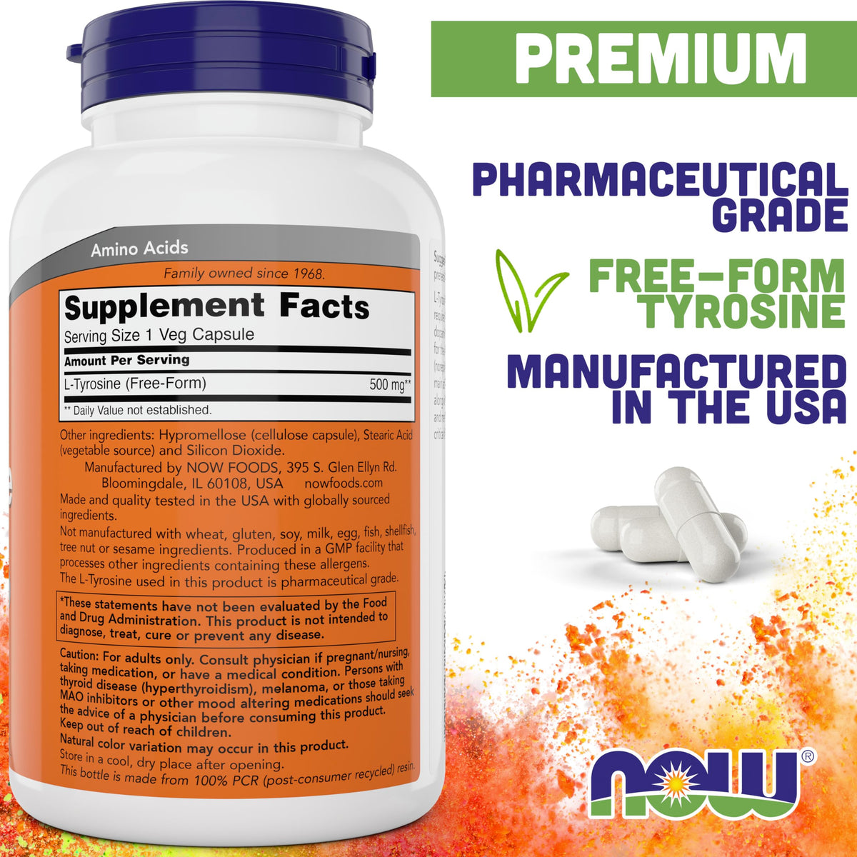 NOW Foods L-Tyrosine 500mg – 300 Capsules (Pack of 2) | Non-GMO - Calm Era