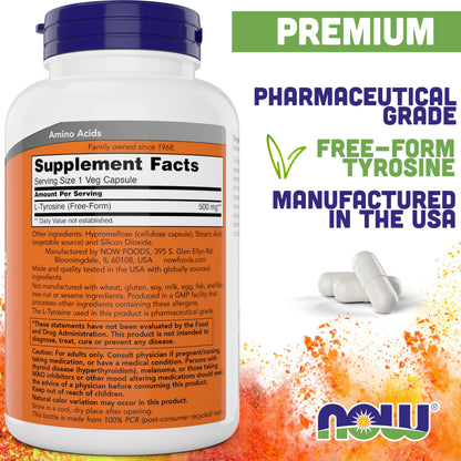 NOW Foods L-Tyrosine 500mg – 300 Capsules (Pack of 2) | Non-GMO - Calm Era