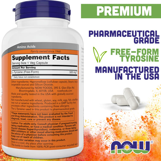 NOW Foods L-Tyrosine 500mg – 300 Capsules (Pack of 2) | Non-GMO - Calm Era