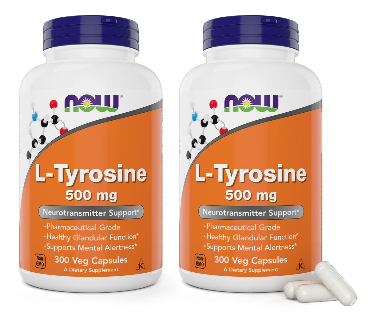 NOW Foods L-Tyrosine 500mg – 300 Capsules (Pack of 2) | Non-GMO - Calm Era