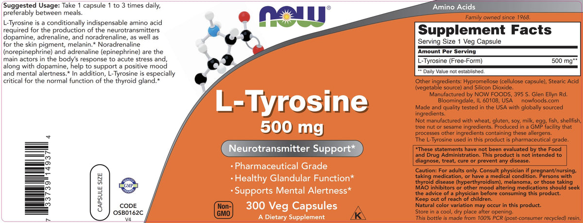NOW Foods L-Tyrosine 500mg – 300 Capsules (Pack of 2) | Non-GMO - Calm Era
