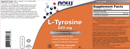 NOW Foods L-Tyrosine 500mg – 300 Capsules (Pack of 2) | Non-GMO - Calm Era