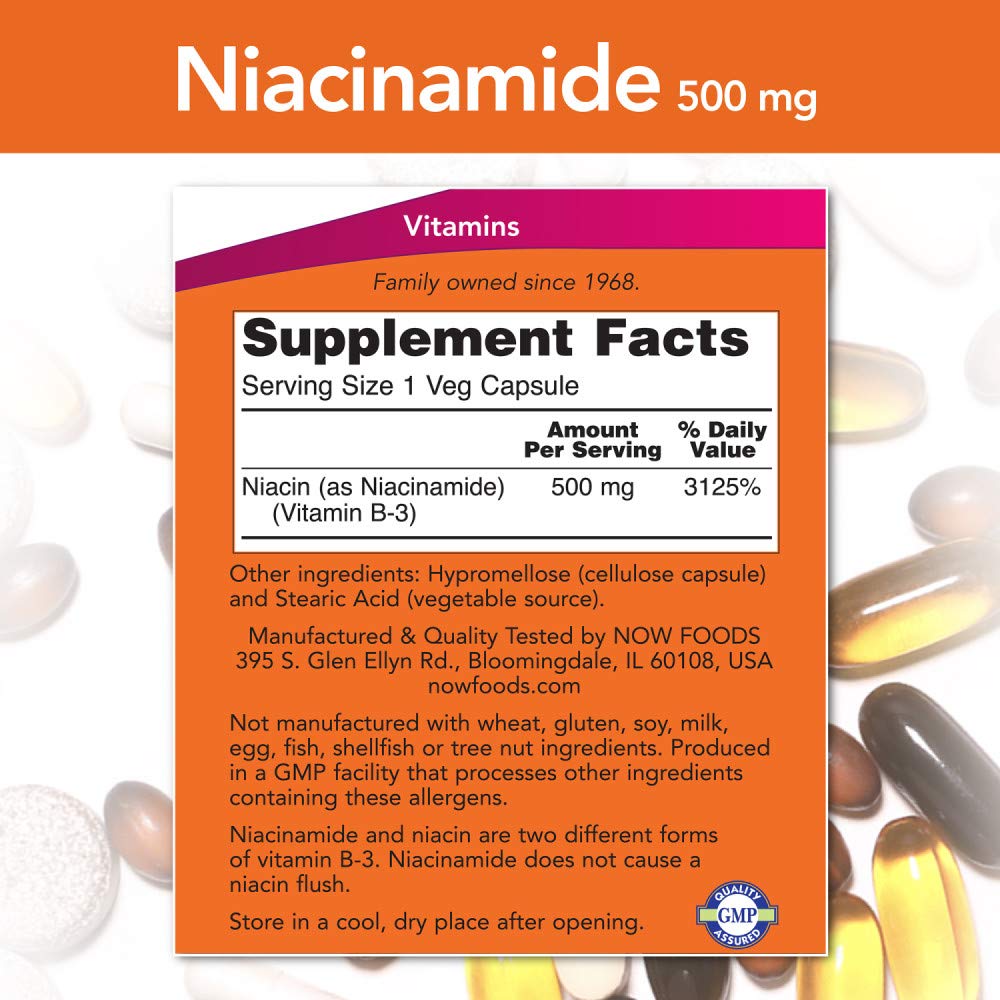 NOW Foods Niacinamida 500 mg Vitamina B-3 – 100 Cápsulas (Paquete de 3)
