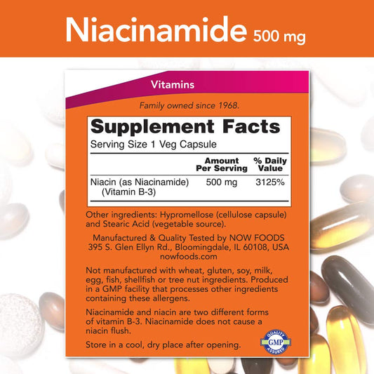NOW Foods Niacinamida 500 mg Vitamina B-3 – 100 Cápsulas (Paquete de 3)