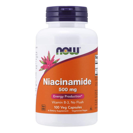 Supplement bottle labeled 'Niacinamide 500 mg' with NOW brand on a white background
