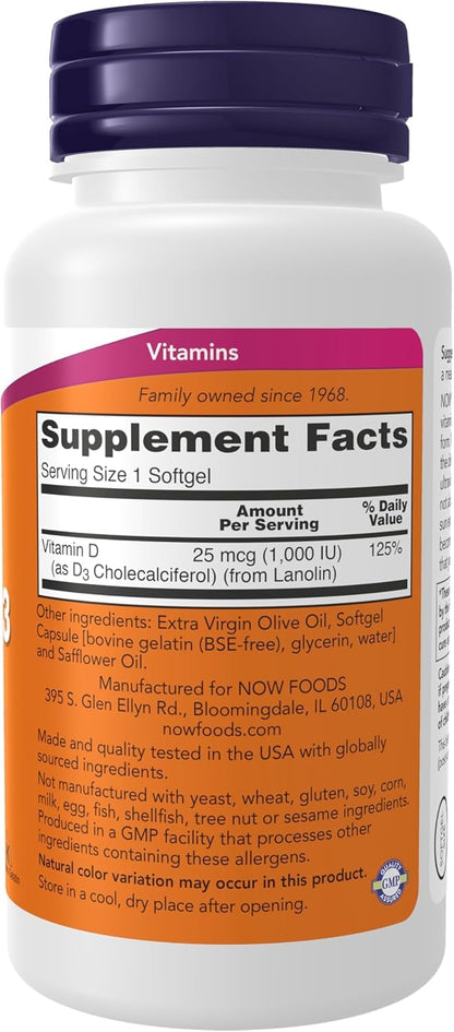 NOW Foods Vitamina D3 1000 UI — Cápsulas Blandas de Alta Potencia, 180 unidades
