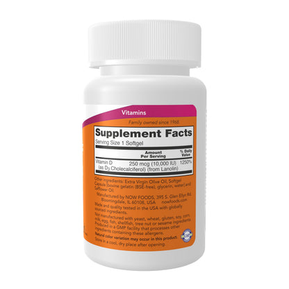 NOW Foods Vitamina D3 10 000 UI — 240 cápsulas blandas
