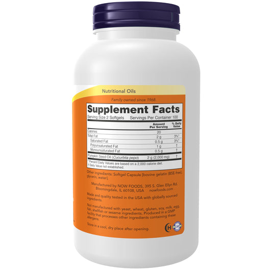 NOW Suplementos Aceite de Semilla de Calabaza 1000mg 200 Cápsulas Blandas