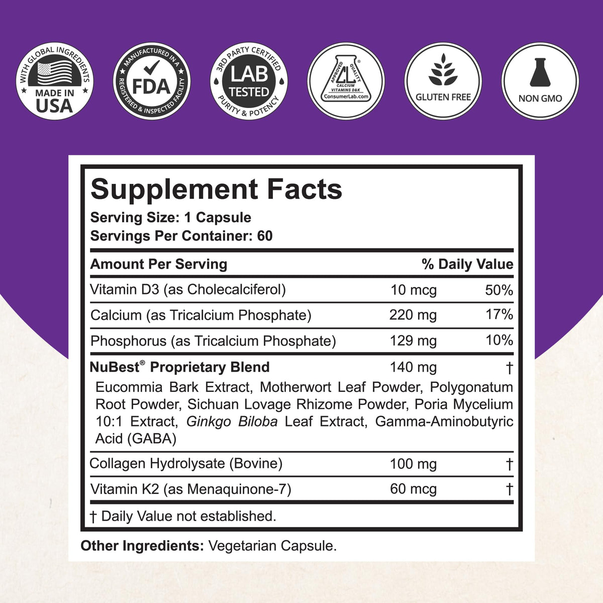 NuBest Tall 10+ Bone Strength Formula – Calcium, D3 & K2 | 60 Capsules - Calm Era