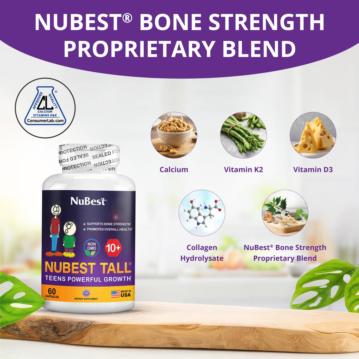 NuBest Tall 10+ Bone Strength Formula – Calcium, D3 & K2 | 60 Capsules - Calm Era