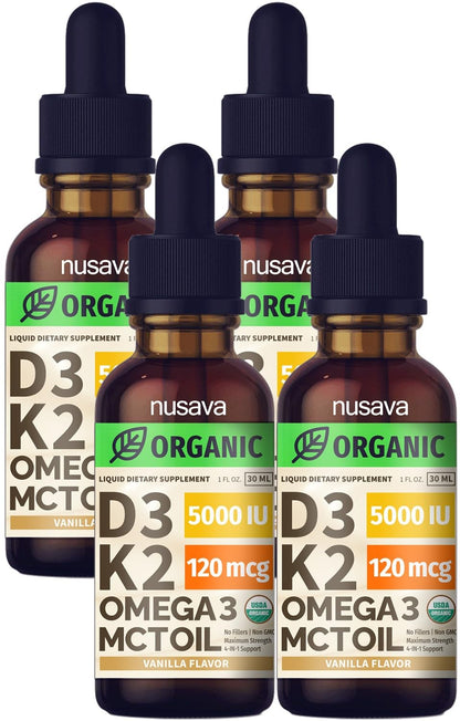NUSAVA Vitamin D3 K2 Drops with MCT Oil – 5000 IU, Vanilla (4 Pack)