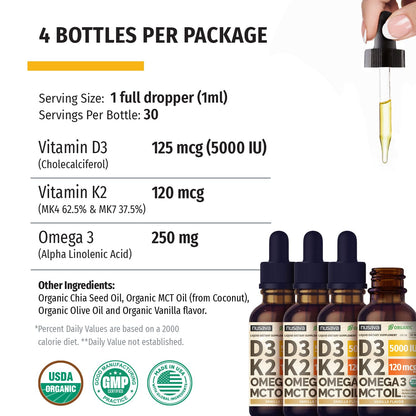 NUSAVA Vitamin D3 K2 Drops with MCT Oil – 5000 IU, Vanilla (4 Pack)